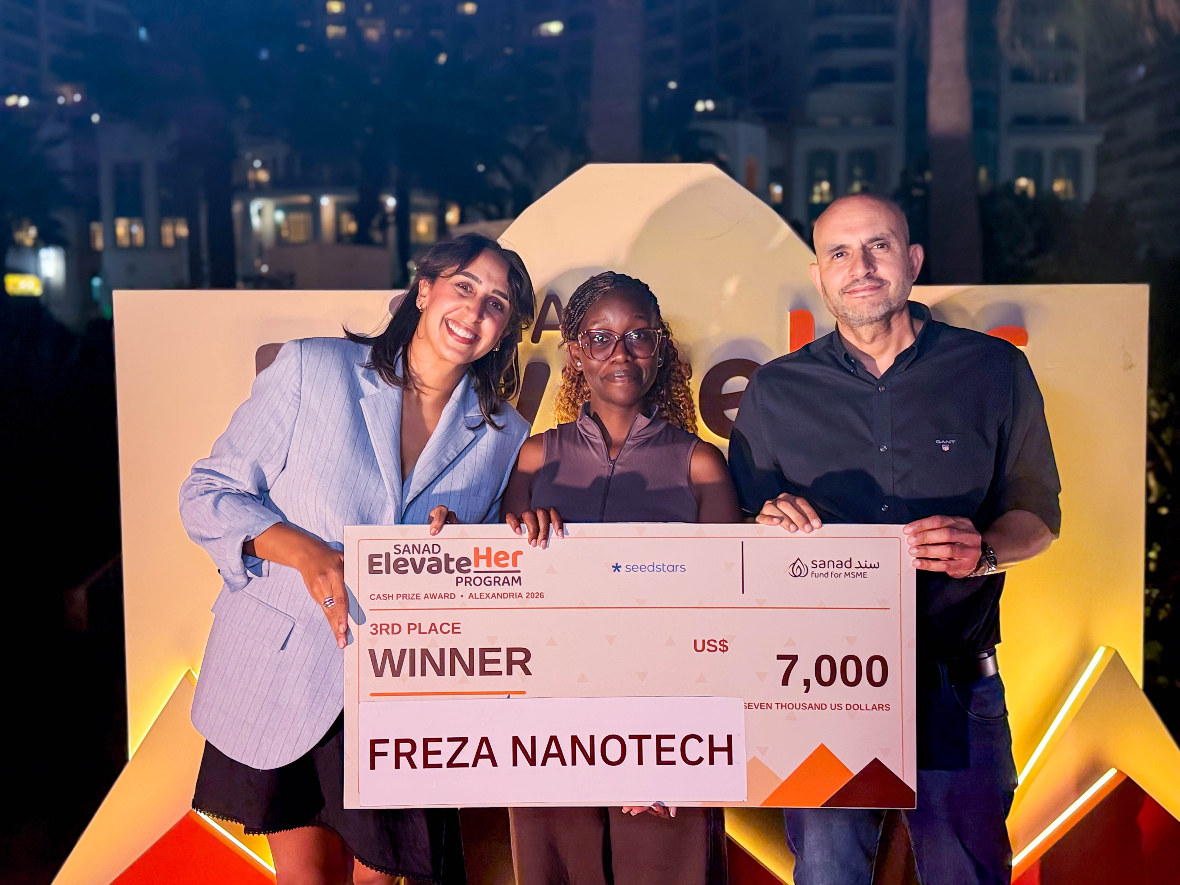 Samantha Ainembabazi of Freza Nanotech with Sabrina Salama of Seedstars and Mohamed Morsy of Finance in Motion at Freza Nanotech’s SANAD ElevateHer cash-prize presentation at Seedstars Villa in Alexandria on 4 October 2026.