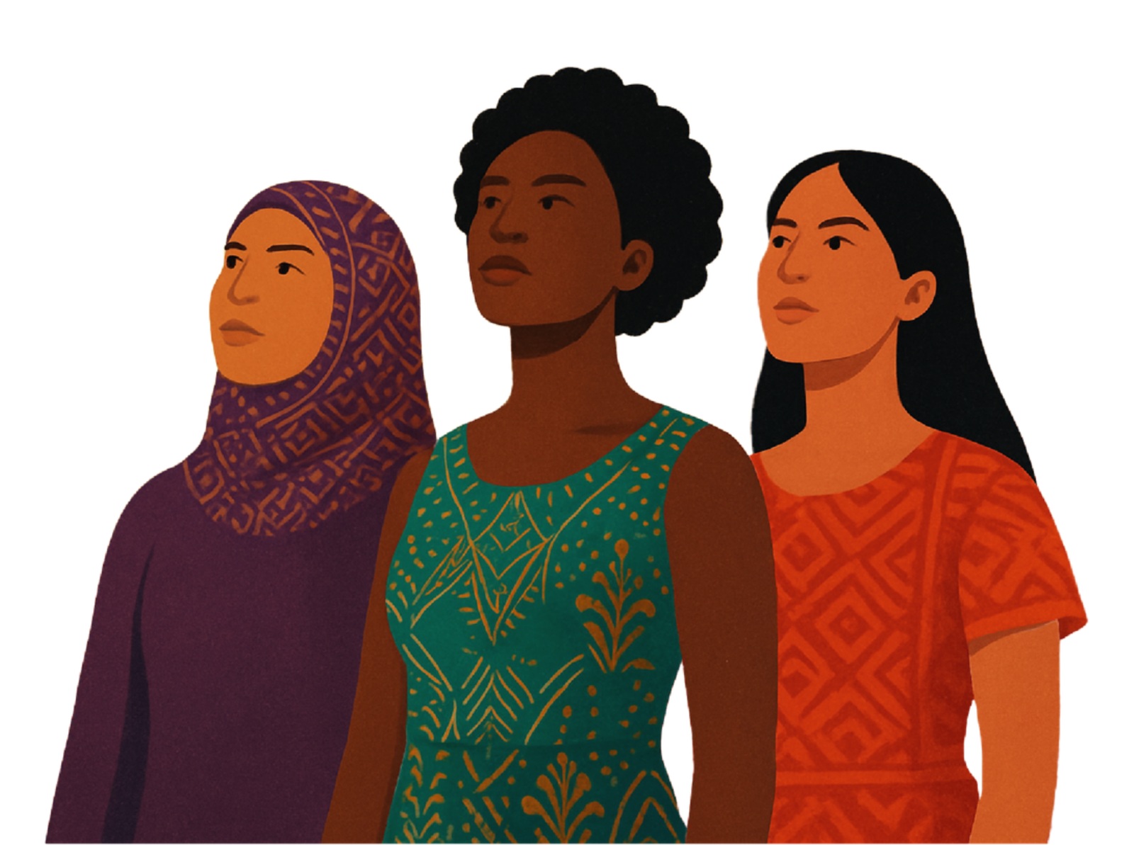 Illustration of three women standing together, looking ahead.