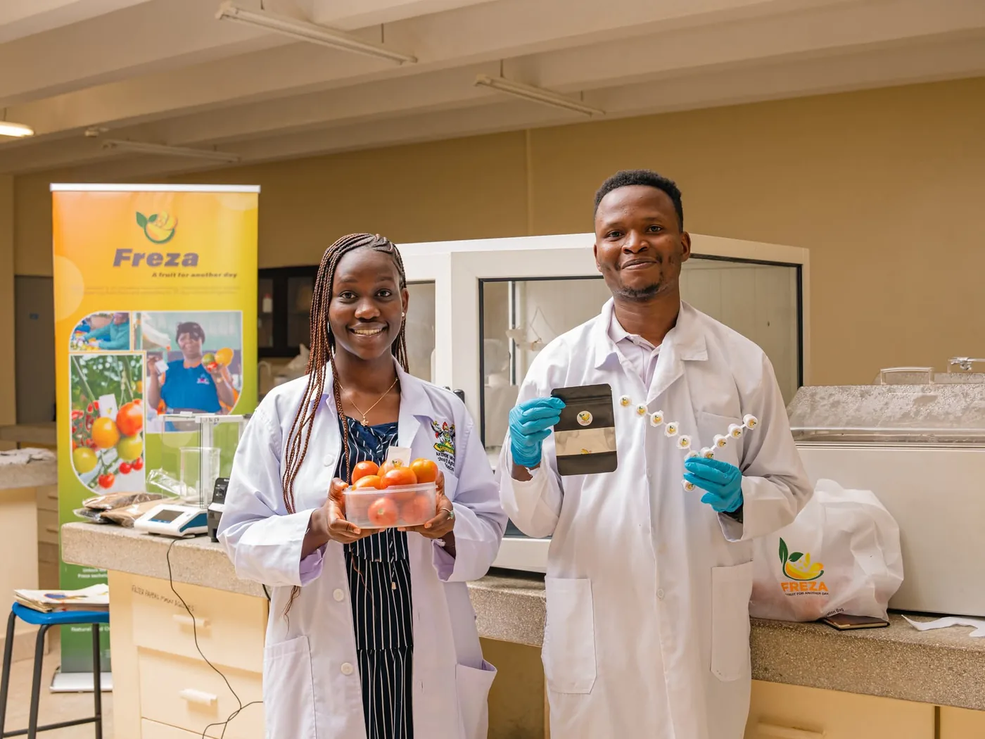 Team photograph with packaged produce, supplied by Freza Nanotech.